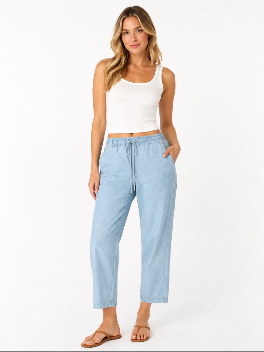 J Crew Light Blue Chambray Drawstring Cropped Pants Women Medium Cotton Casual - Picture 2 of 6